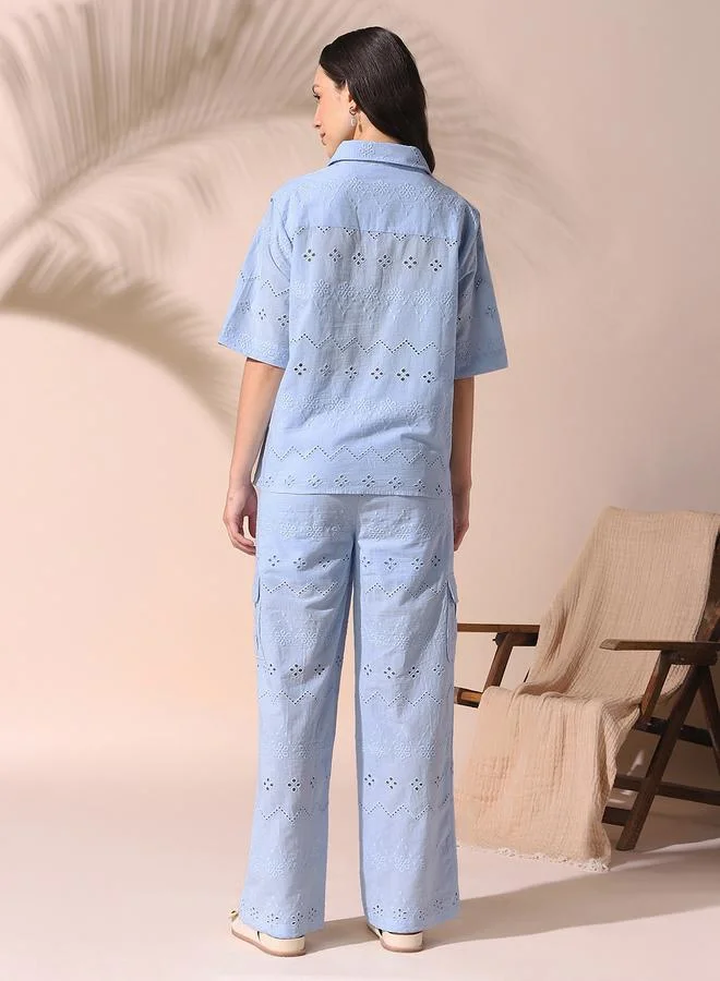 Dennis Lingo Women's Sky Blue Cotton Blend Embroidered Button Down Full Length Casual Relaxed Co Ords