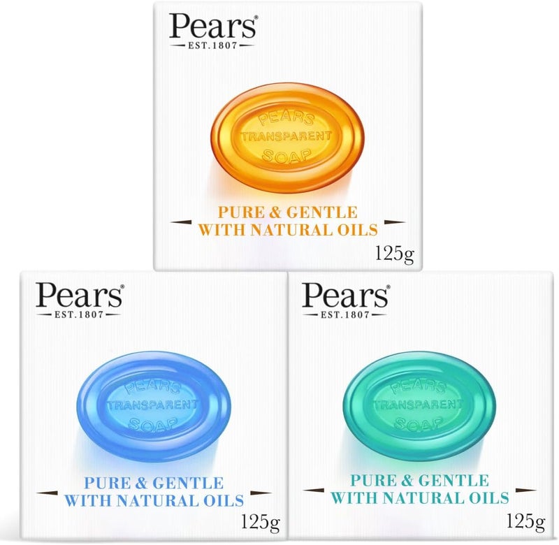 Pears Pure Gentle Transparent Soap Bar 3 Pack 125g Each Natural Oils Mint Extracts Lemon Flower Extracts
