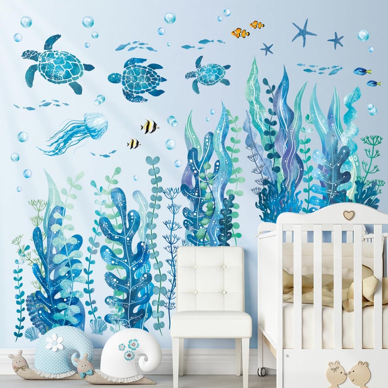 DECOWALL DS12-8084 Under The Sea Seaweed and Sea Creatures Wall Decals Stickers Turtles Ocean Grass Jellyfish Fish Removable Nursery Vinyl Wall Sticker for Bedroom Bathroom Living Room - Image 2