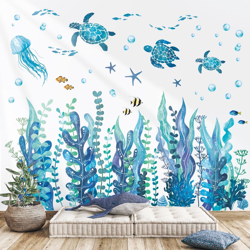 DECOWALL DS12-8084 Under The Sea Seaweed and Sea Creatures Wall Decals Stickers Turtles Ocean Grass Jellyfish Fish Removable Nursery Vinyl Wall Sticker for Bedroom Bathroom Living Room - Image 1