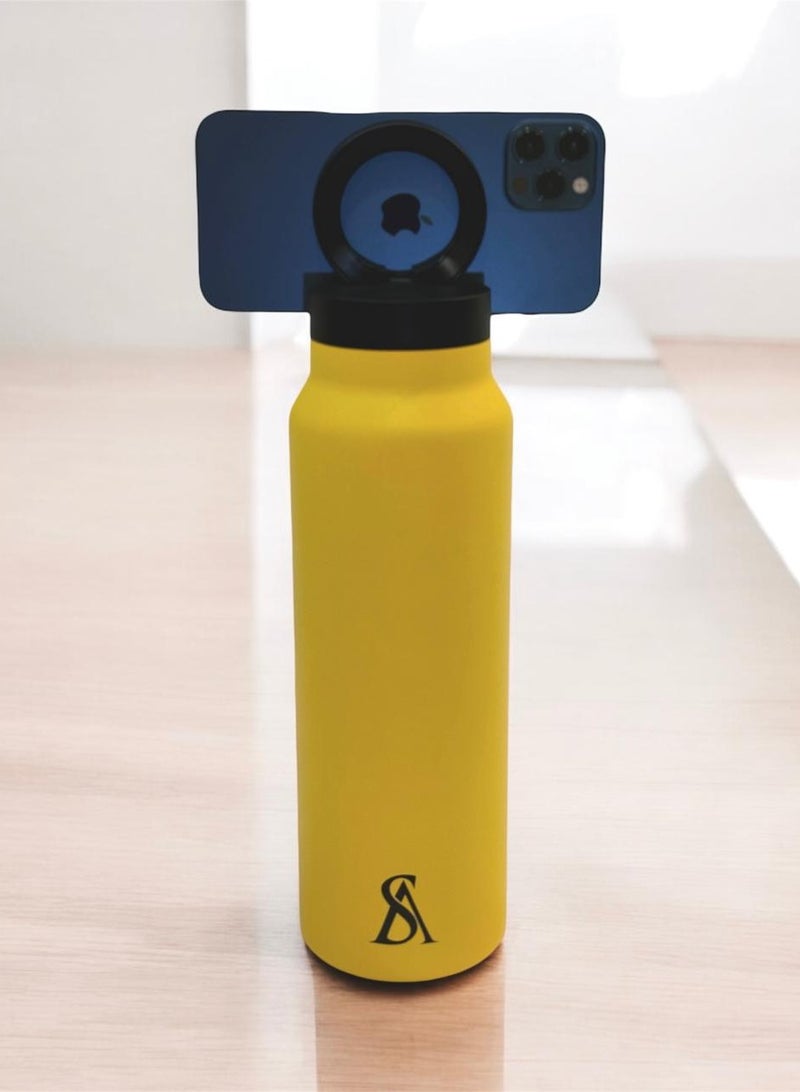 Insulated Water Bottle for any Phone w/Magnetic Phone Mount - MagSafe Compatible Water Bottle - Stainless Steel Water Bottle w/Tripod Phone Holder - Hot 12H, Cold 24H, 360° Rotate - YELLOW 710ML - Image 1