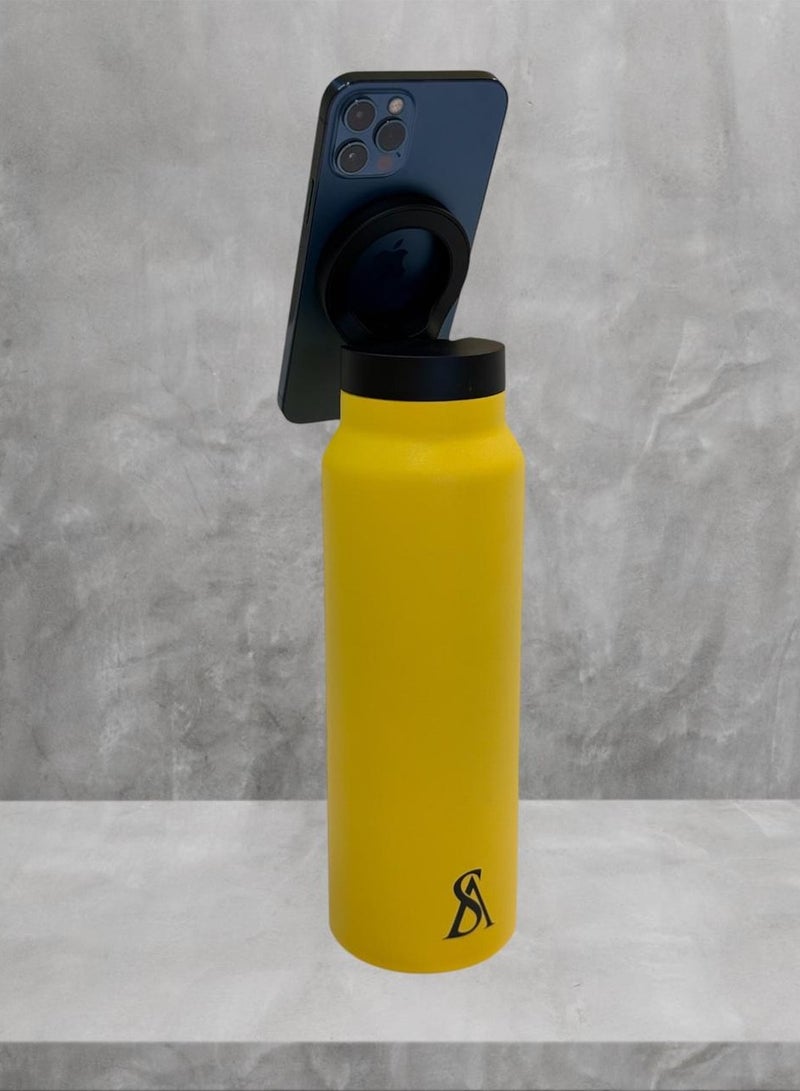 Insulated Water Bottle for any Phone w/Magnetic Phone Mount - MagSafe Compatible Water Bottle - Stainless Steel Water Bottle w/Tripod Phone Holder - Hot 12H, Cold 24H, 360° Rotate - YELLOW 710ML - Image 2
