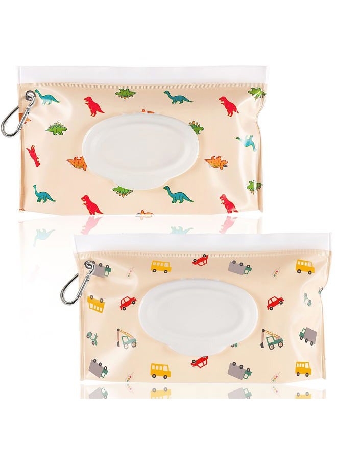 FEBSNOW 2 Pack Baby Wipes Dispenser, Portable Refillable Wipe Holder Baby Wipes Container Travel Wipes Case Reusable Wet Wipes Pouch (Dinosaur, Car) - Image 1