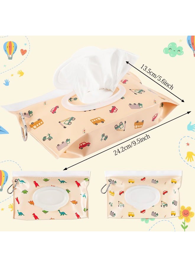 FEBSNOW 2 Pack Baby Wipes Dispenser, Portable Refillable Wipe Holder Baby Wipes Container Travel Wipes Case Reusable Wet Wipes Pouch (Dinosaur, Car) - Image 2
