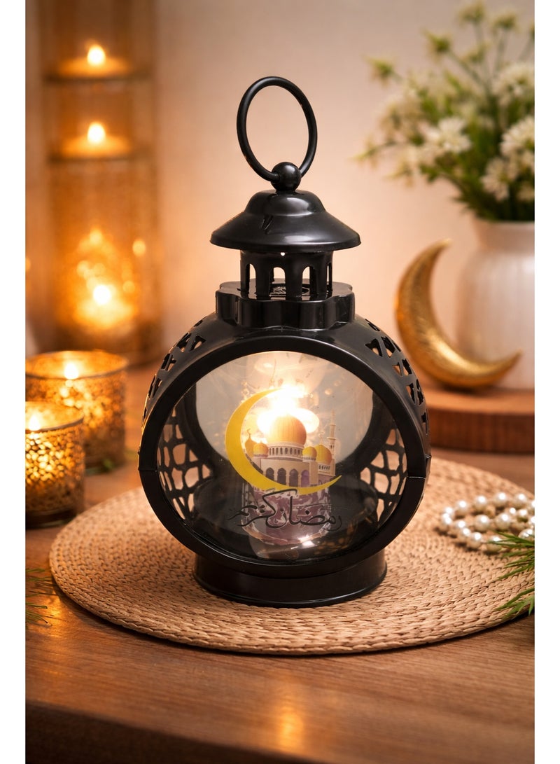 فانوس رمضان أسود موديل 5051 – صوت ونور – 24 × 12 سم – ديكور رف وتعليق - Image 1