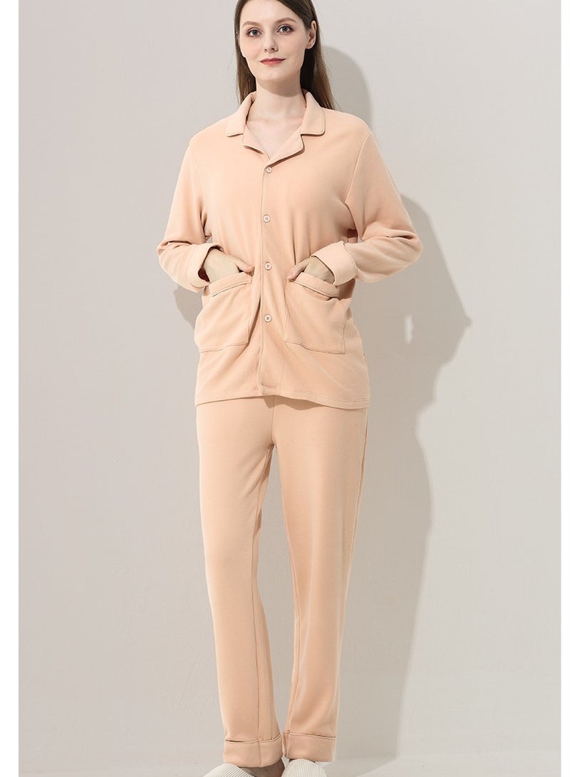 Loquat Women's Solid Color 2-Piece Set Nightgown Sleepwear Long Sleeve Lapel Top And Pants Soft Warm Loungewear Pajamas Suit Fleshy Pink  - Image 1