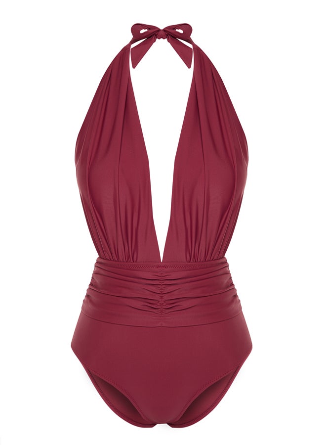 Burgundy Deep Decollete Gathered Regular Swimsuit