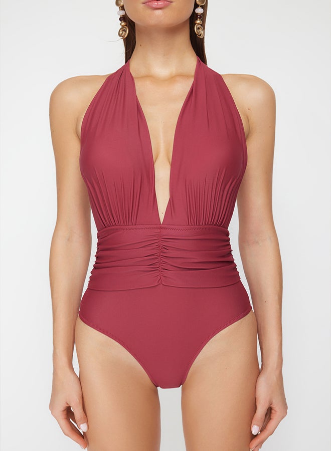 Burgundy Deep Decollete Gathered Regular Swimsuit