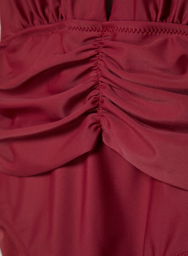 Burgundy Deep Decollete Gathered Regular Swimsuit