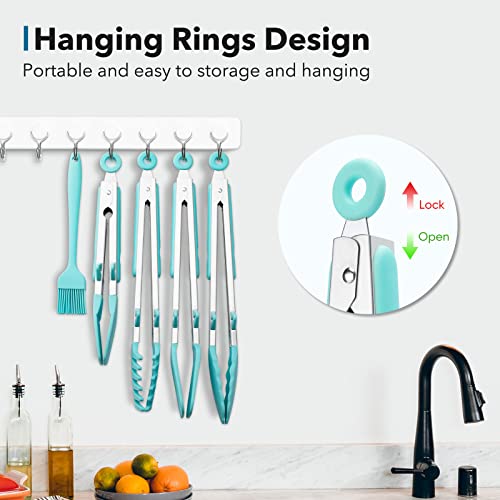 Maywe Tanso 5-Pack Silicone Tongs for Cooking,Maywe Tanso 4PCS 13-Inch Kitchen Tongs with Silicone Tips,Nonstick Stainless Steel Tong for Steak Pie Pizza Pasta Spaghetti Salad BBQ Buffet,Plus Brush - Image 5