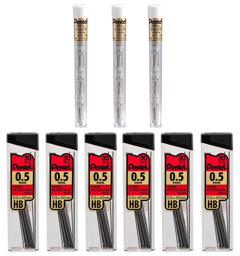 Pentel 5Mm Lead Refill And Eraser Pack For Mechanical Pencils - Super Hi-Polymer Lead Refills - Value Pack - 6 Packs Of 0.5 Lead Refills (30 In Each) - 3 Packs Of White Eraser Refills (4 In Each) - Image 2