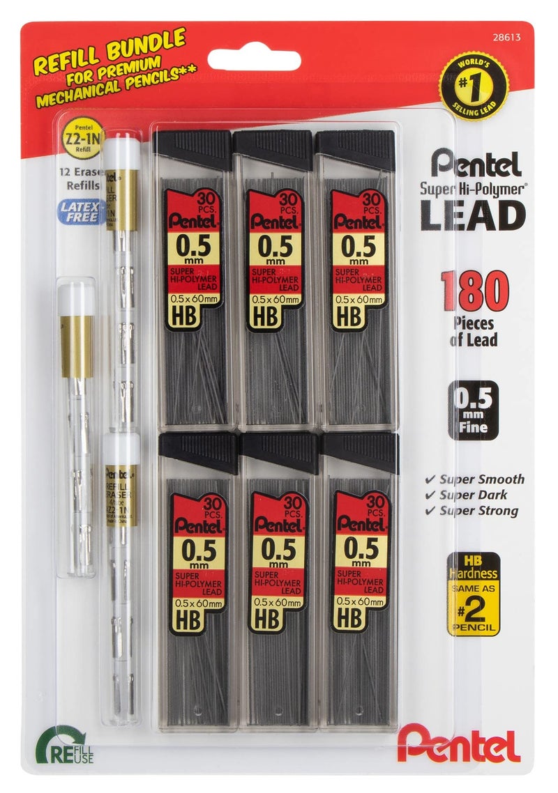 Pentel 5Mm Lead Refill And Eraser Pack For Mechanical Pencils - Super Hi-Polymer Lead Refills - Value Pack - 6 Packs Of 0.5 Lead Refills (30 In Each) - 3 Packs Of White Eraser Refills (4 In Each) - Image 1