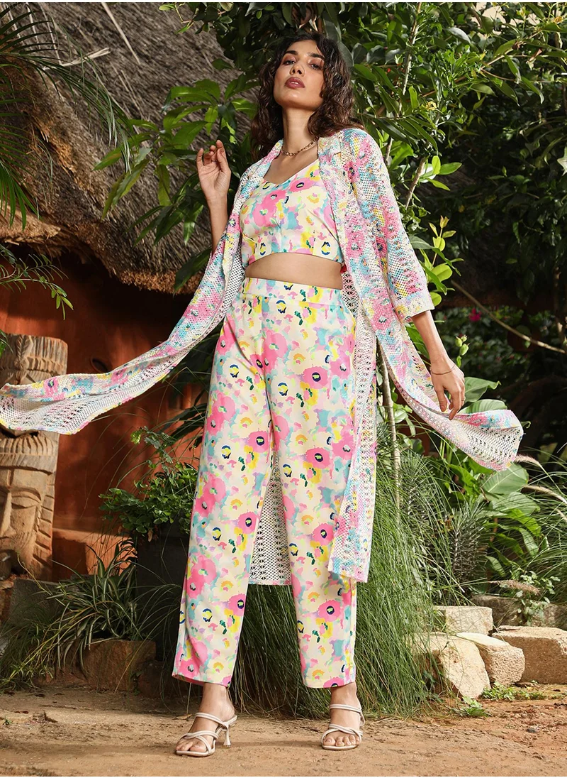  قصة Women's Bubblegum Pink & Ivory-White Bohemian Flora Co-Ord Set