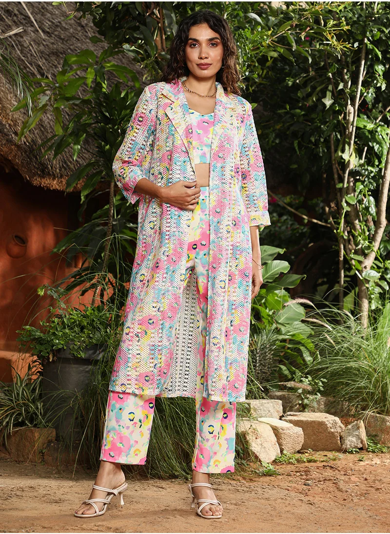  قصة Women's Bubblegum Pink & Ivory-White Bohemian Flora Co-Ord Set