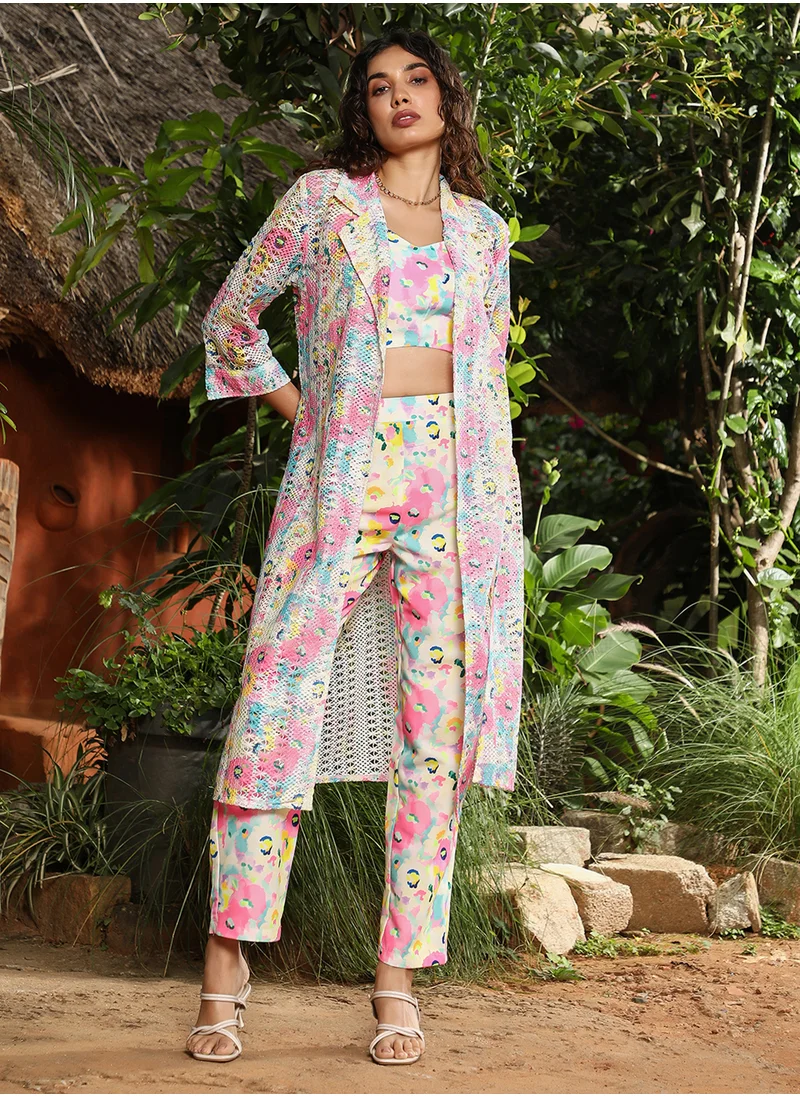  قصة Women's Bubblegum Pink & Ivory-White Bohemian Flora Co-Ord Set