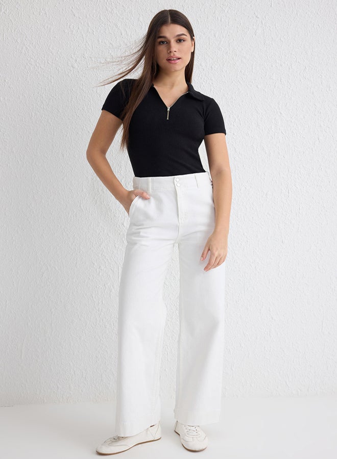 trendyol White Button Detail High Waist Wide Leg Jeans - Image 1