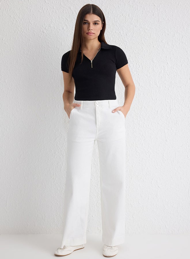trendyol White Button Detail High Waist Wide Leg Jeans - Image 2