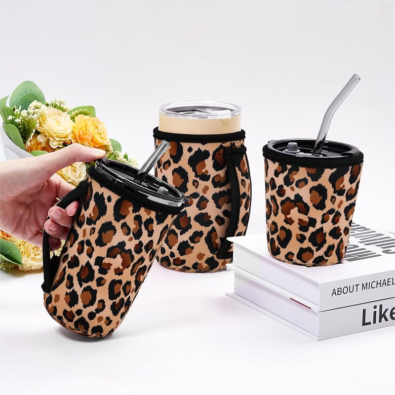 3 Piece Reusable Iced Coffee Sleeves Insulated Coffee Sleeves for 16-32 ounces of hot or cold coffee or iced beverages Compatible with Starbucks Dunkin Coffee cup and More (Leopard print) - Image 2
