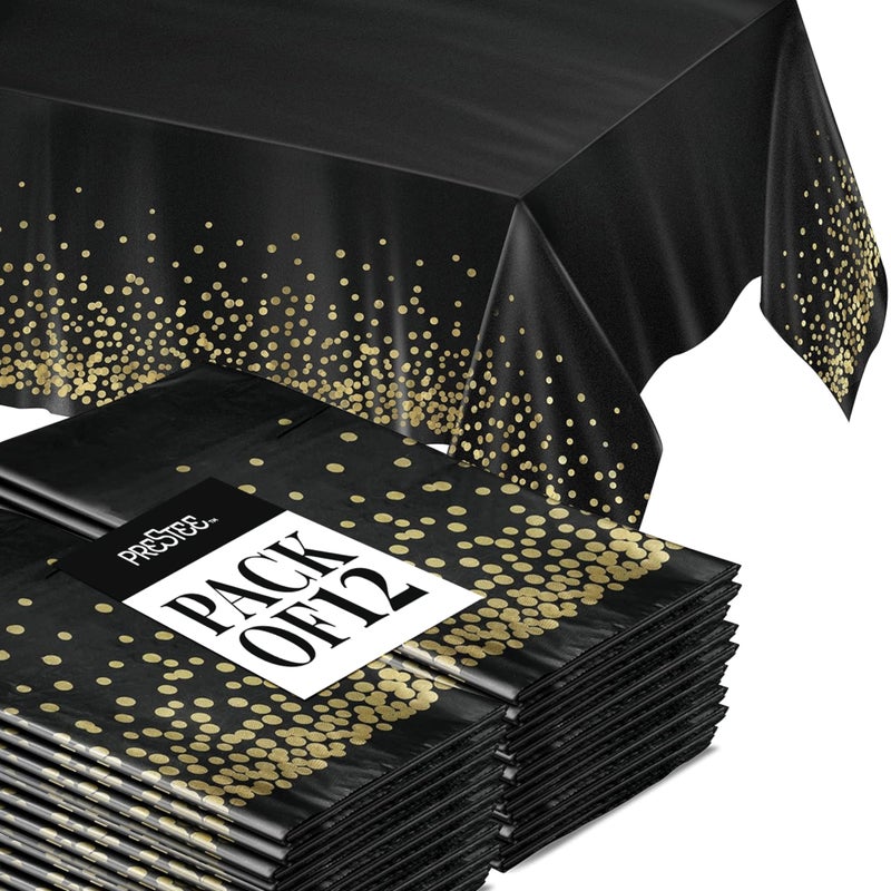 Prestee 12Pack Black and Gold Dots Disposable Tablecloths 108x54 Inch Waterproof Plastic Table Covers Elegant HeavyDuty Party Tablecloths for Weddings Birthdays Holidays and Events