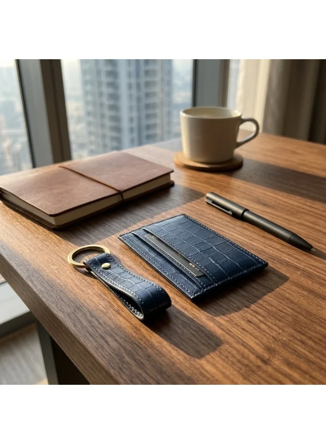 Mobcos Crocodile Blue Premium Leather Card Holder & Keychain Gift Set for Men, Slim RFID Wallet, Crocodile Pattern PU Leather Card Case with Matching Key Ring, Luxury Gift Box Blue  | Best Price UAE