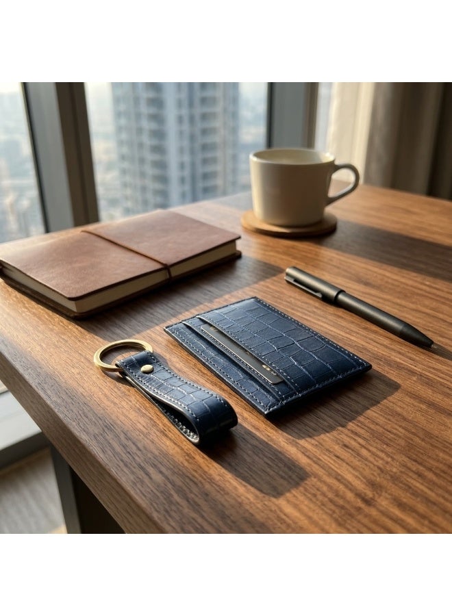 Mobcos Premium Leather Card Holder & Keychain Gift Set for Men, Slim RFID Wallet, Crocodile Pattern PU Leather Card Case with Matching Key Ring, Luxury Gift Box Blue - Image 4