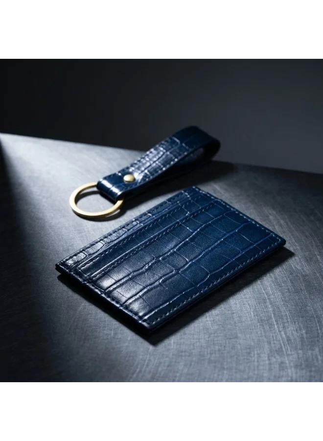 Mobcos Crocodile Blue Premium Leather Card Holder & Keychain Gift Set for Men, Slim RFID Wallet, Crocodile Pattern PU Leather Card Case with Matching Key Ring, Luxury Gift Box Blue  | Best Price UAE