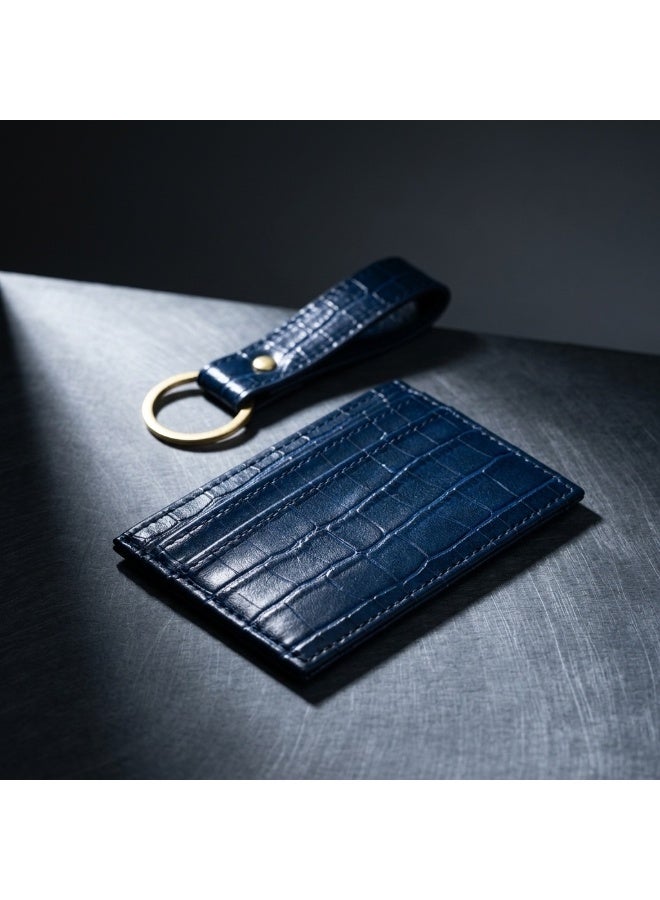 Mobcos Premium Leather Card Holder & Keychain Gift Set for Men, Slim RFID Wallet, Crocodile Pattern PU Leather Card Case with Matching Key Ring, Luxury Gift Box Blue - Image 3