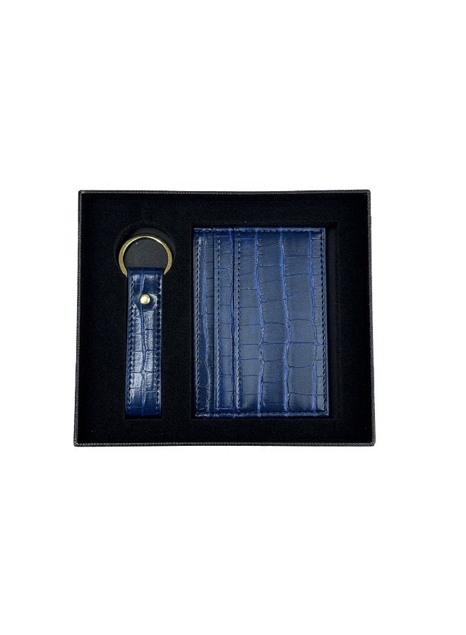 Mobcos Premium Leather Card Holder & Keychain Gift Set for Men, Slim RFID Wallet, Crocodile Pattern PU Leather Card Case with Matching Key Ring, Luxury Gift Box Blue - Image 1