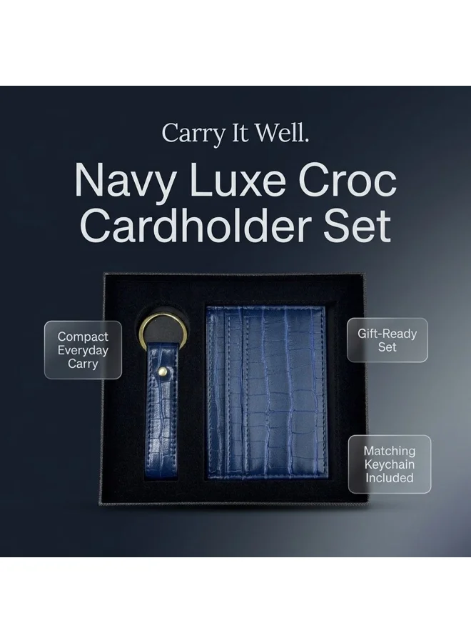 Mobcos Crocodile Blue Premium Leather Card Holder & Keychain Gift Set for Men, Slim RFID Wallet, Crocodile Pattern PU Leather Card Case with Matching Key Ring, Luxury Gift Box Blue  | Best Price UAE