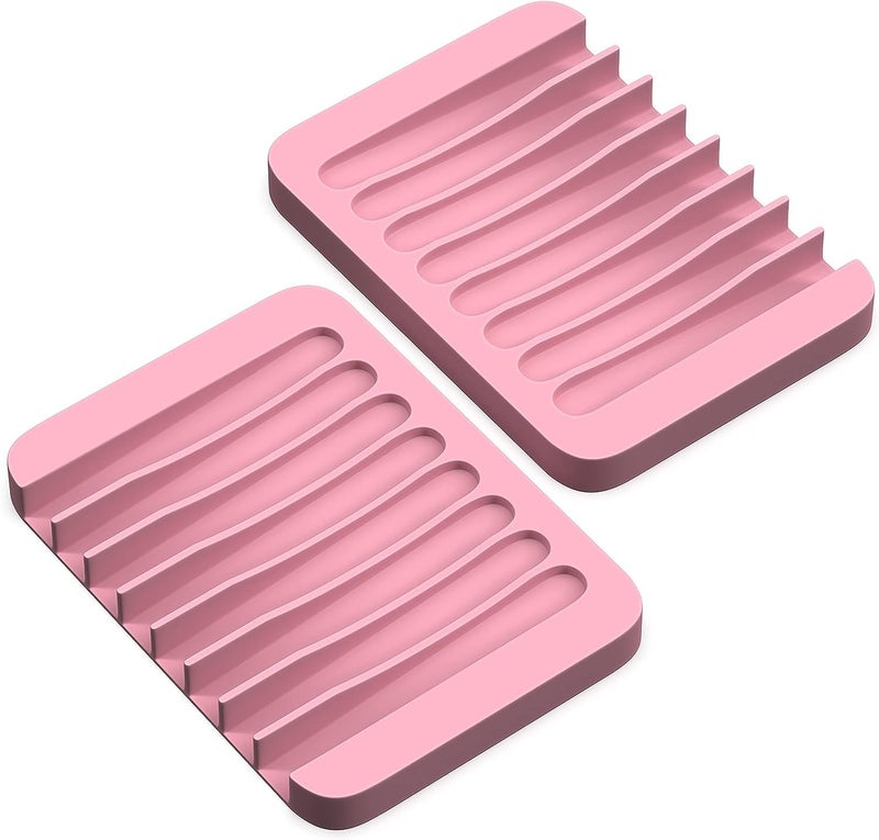 Baskety Silicone Soap Holder, Soap Dish Stand Saver Tray Case for Shower, Silicone Dishes for Bathroom Kitchen Counter Sink for Bar Soap Sponge, Keep Soap Bars Dry and Clean. Pack of 3. (Pink) - Image 1