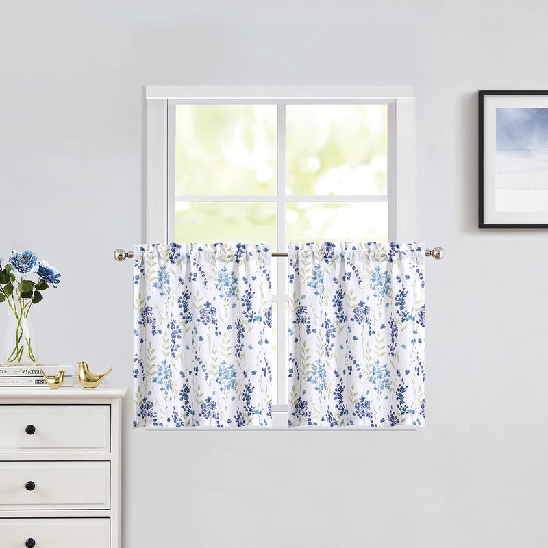 ZJDECOR Watercolor Floral Cafe Curtains 36 Inches Length, Blue Flower Printed Farmhouse Rod Pocket Tier Curtains for Kitchen Leaf Pattern Short Window Curtain Treatment, Colorful, 28" W x 36" Lï¼ŒSet of 2 - Image 1