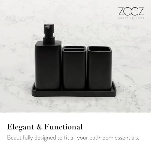 ZCCZ Matte Black Bathroom Accessory Sets, 4 Pieces Bathroom Accessories Complete Set Vanity Countertop Accessory Set, Includes Lotion Dispenser Soap Pump, Tumbler, Toothbrush Holder and Tray - Image 2