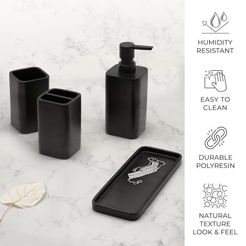 ZCCZ Matte Black Bathroom Accessory Sets, 4 Pieces Bathroom Accessories Complete Set Vanity Countertop Accessory Set, Includes Lotion Dispenser Soap Pump, Tumbler, Toothbrush Holder and Tray - Image 5