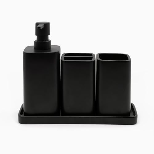 ZCCZ Matte Black Bathroom Accessory Sets, 4 Pieces Bathroom Accessories Complete Set Vanity Countertop Accessory Set, Includes Lotion Dispenser Soap Pump, Tumbler, Toothbrush Holder and Tray - Image 1