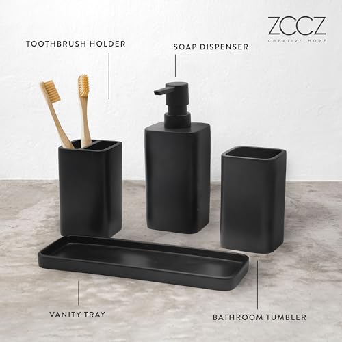 ZCCZ Matte Black Bathroom Accessory Sets, 4 Pieces Bathroom Accessories Complete Set Vanity Countertop Accessory Set, Includes Lotion Dispenser Soap Pump, Tumbler, Toothbrush Holder and Tray - Image 3