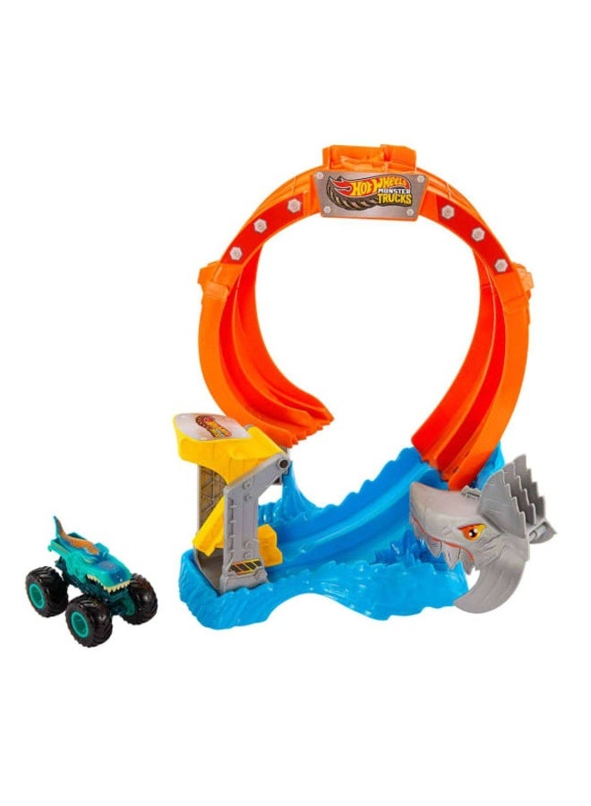 Hot Wheels مجموعة لعب شاحنات الوحوش: سمك القرش ضد الديناصورات - تحطيم سمكة القرش الحلزونية (1:64) - Image 2