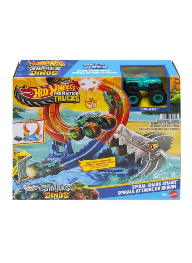 Hot Wheels مجموعة لعب شاحنات الوحوش: سمك القرش ضد الديناصورات - تحطيم سمكة القرش الحلزونية (1:64) - Image 1