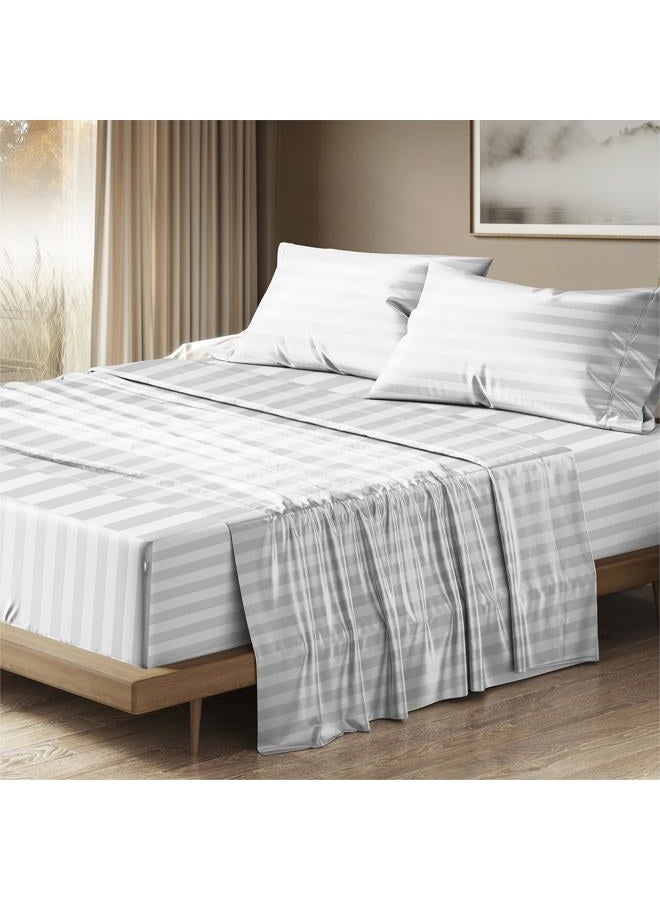 THREAD SPREAD Egyptian Cotton Sheets King Size - 1500 Thread Count 4 PC Damask Sheet Set Egyptian Cotton, Luxury Sheet King Size, Soft, Cooling Deep Pocket Sheets, Fits Upto 19" - White Stripe - Image 1