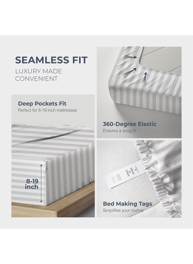 THREAD SPREAD Egyptian Cotton Sheets King Size - 1500 Thread Count 4 PC Damask Sheet Set Egyptian Cotton, Luxury Sheet King Size, Soft, Cooling Deep Pocket Sheets, Fits Upto 19" - White Stripe - Image 5
