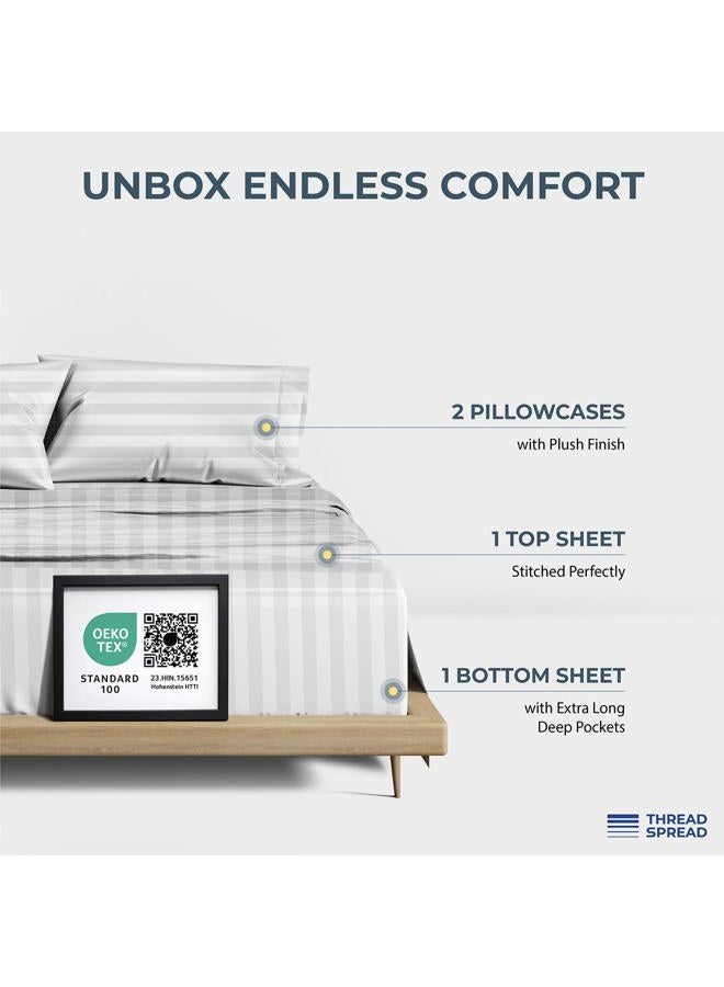 THREAD SPREAD Egyptian Cotton Sheets King Size - 1500 Thread Count 4 PC Damask Sheet Set Egyptian Cotton, Luxury Sheet King Size, Soft, Cooling Deep Pocket Sheets, Fits Upto 19" - White Stripe - Image 3