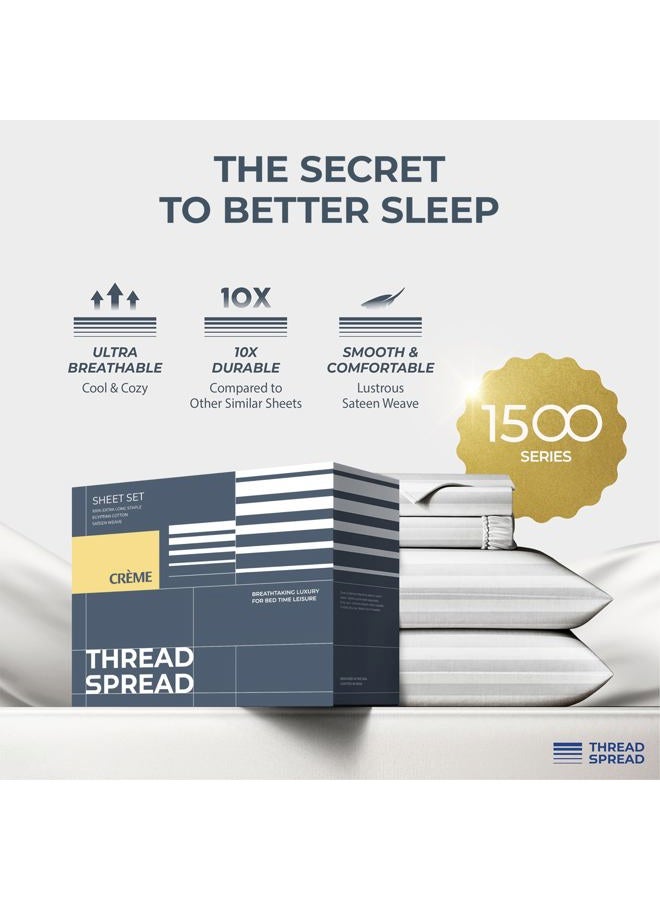 THREAD SPREAD Egyptian Cotton Sheets King Size - 1500 Thread Count 4 PC Damask Sheet Set Egyptian Cotton, Luxury Sheet King Size, Soft, Cooling Deep Pocket Sheets, Fits Upto 19" - White Stripe - Image 2
