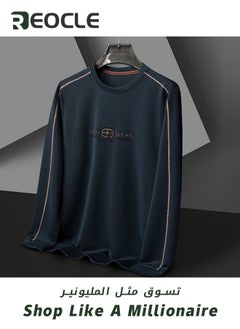 REOCLE Men's 3D Tailoring Long Sleeve Shirt Fashion Korean Style Sweatshirt Casual Round Neck Top Dark Blue  - Image 2