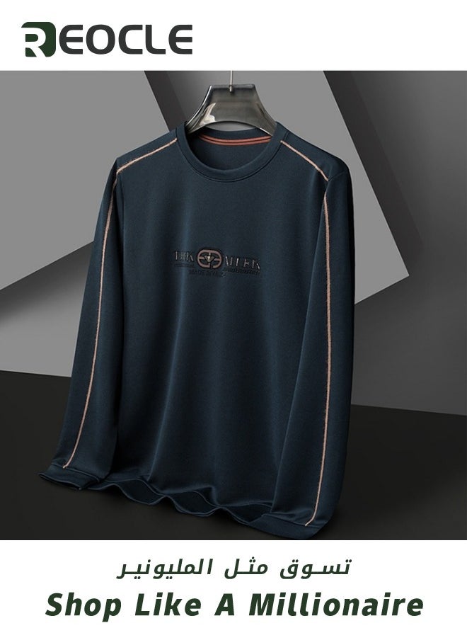REOCLE Men's 3D Tailoring Long Sleeve Shirt Fashion Korean Style Sweatshirt Casual Round Neck Top Dark Blue  - Image 2