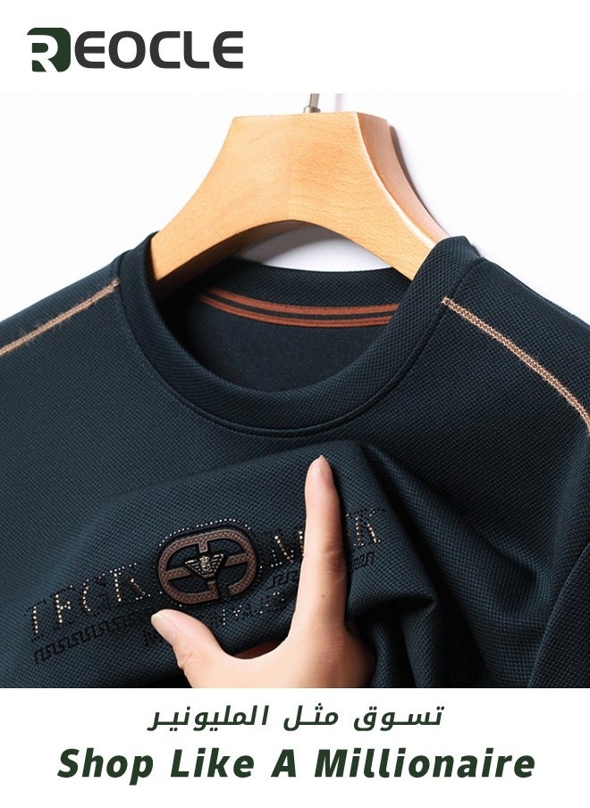 REOCLE Men's 3D Tailoring Long Sleeve Shirt Fashion Korean Style Sweatshirt Casual Round Neck Top Dark Blue  - Image 3