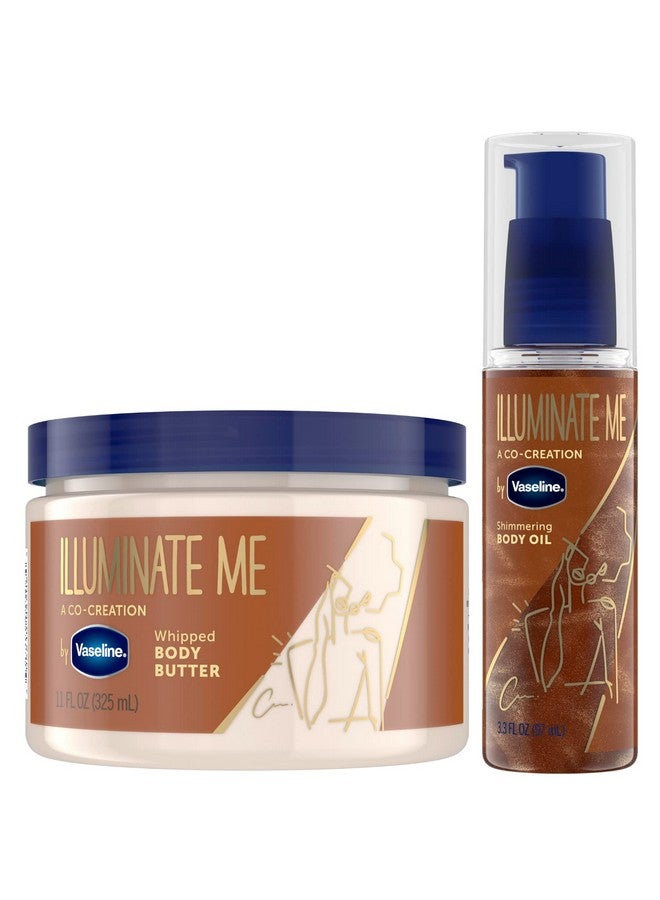 Vaseline زبدة الجسم وزيت الجسم المتلألئ - برونزر الجسم المرطب - زبدة الشيا العضوية المخفوقة مع ترطيب لمدة 24 ساعة للبشرة الغنية بالميلانين - زيت توهج الجسم المتألق (طقم من قطعتين) - Image 1