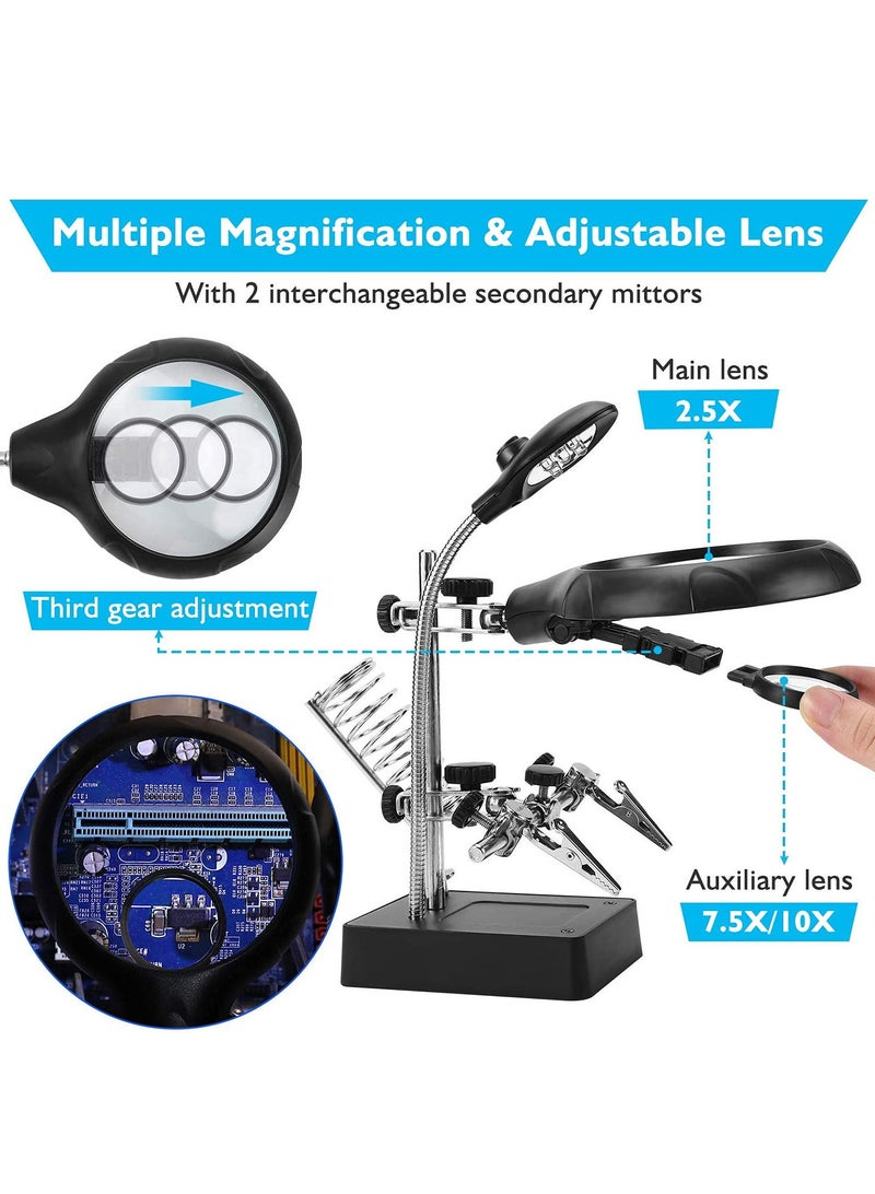 Magnifying Glass Soldering Station 2.5X/7.5X/10X LED Light Magnifier Desk Lamp Helping Hands Auxiliary Clips Alligator Clamp Stand Repair Tool Kits for Small Items Miniatures Projects  - Image 5