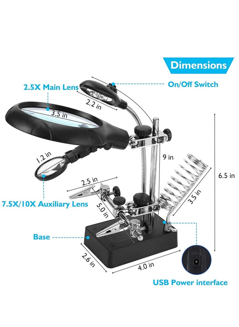 Magnifying Glass Soldering Station 2.5X/7.5X/10X LED Light Magnifier Desk Lamp Helping Hands Auxiliary Clips Alligator Clamp Stand Repair Tool Kits for Small Items Miniatures Projects  - Image 2