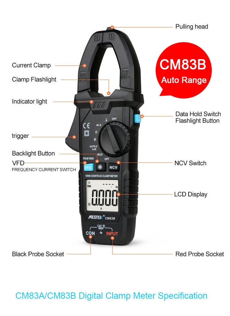 MESTEK - Digital Clamp Meter 600A AC Current 600V AC/DC Voltage Capacitance Measurement Data Hold Backlight NCV Tester Multimeter - Image 1