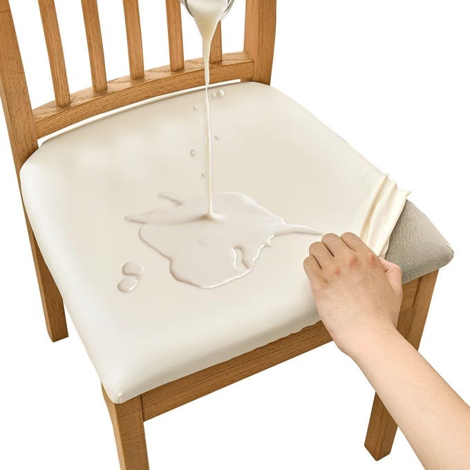 WATERPROOF CHAIR SEAT COVERS FOR DINING CHAIRS SET OF 4PU LEATHER CHAIR COVERS STRETCH DINING ROOM CHAIR COVERS REMOVABLE WASHABLE CHAIR SEAT SLIPCOVERS FOR DINING ROOMKITCHENPUWHITE