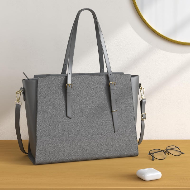 NEWHEY Women's Large PU Leather Course Bag Laptop Bag for Classes Lycee 15.6 Inch, grey, 41 cm x 16 cm x 30 cm, Elegant - Image 2
